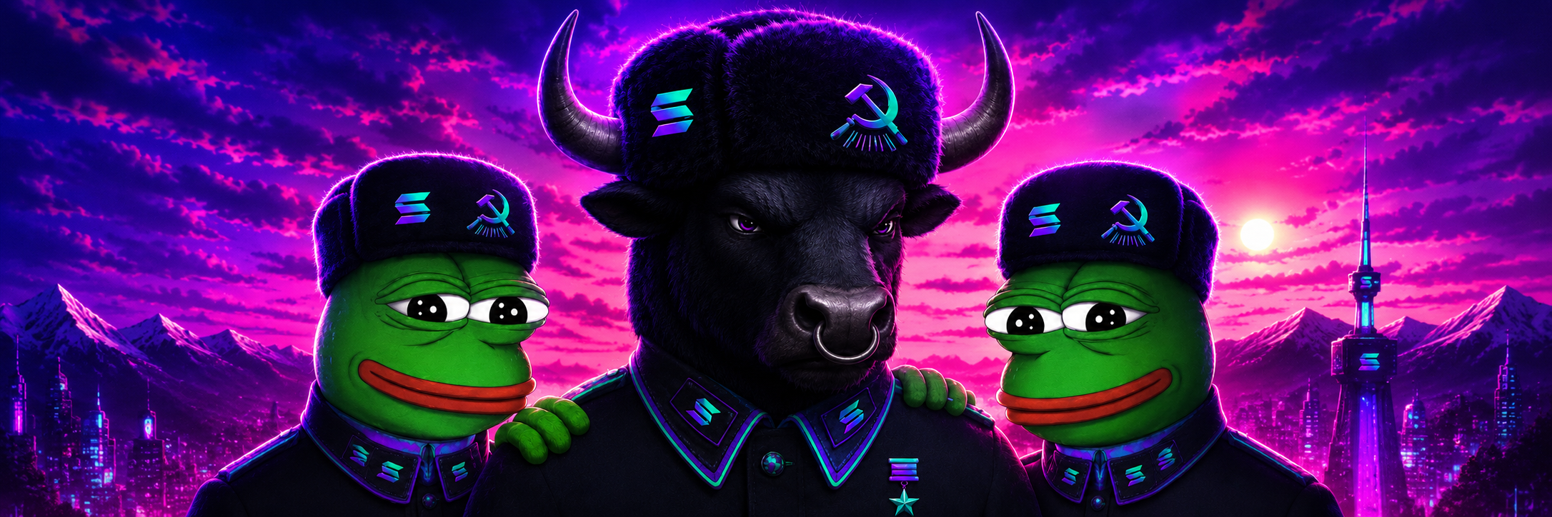 SOLBULL banner — the General and his Pepe comrades over neon cyber-Moscow
